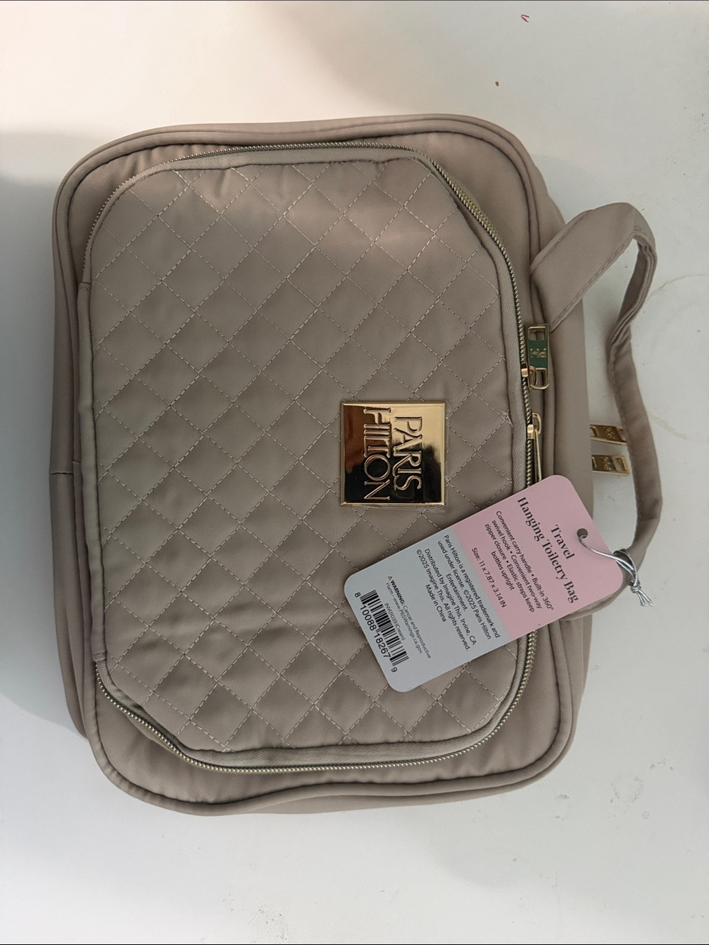Paris Hilton Quilted Beige Cosmetic Case with Gold Plaque
